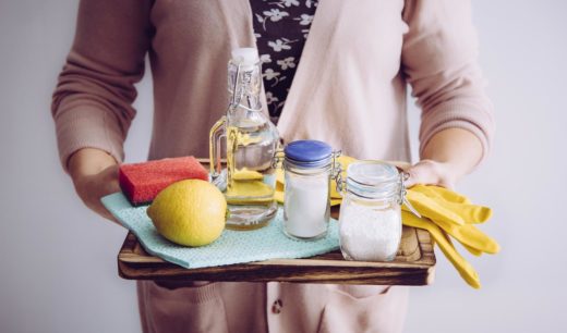 Femme tenant les ingrédients écologiques de nettoyage à la maison, vinaigre blanc, citron, bicarbonate de soude, acide citrique