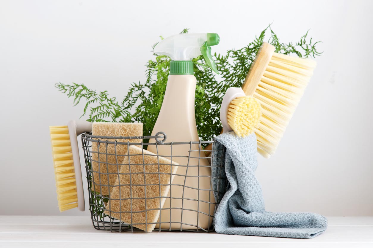Eco Brushes, Sponges And Rag In Cleaning Basket